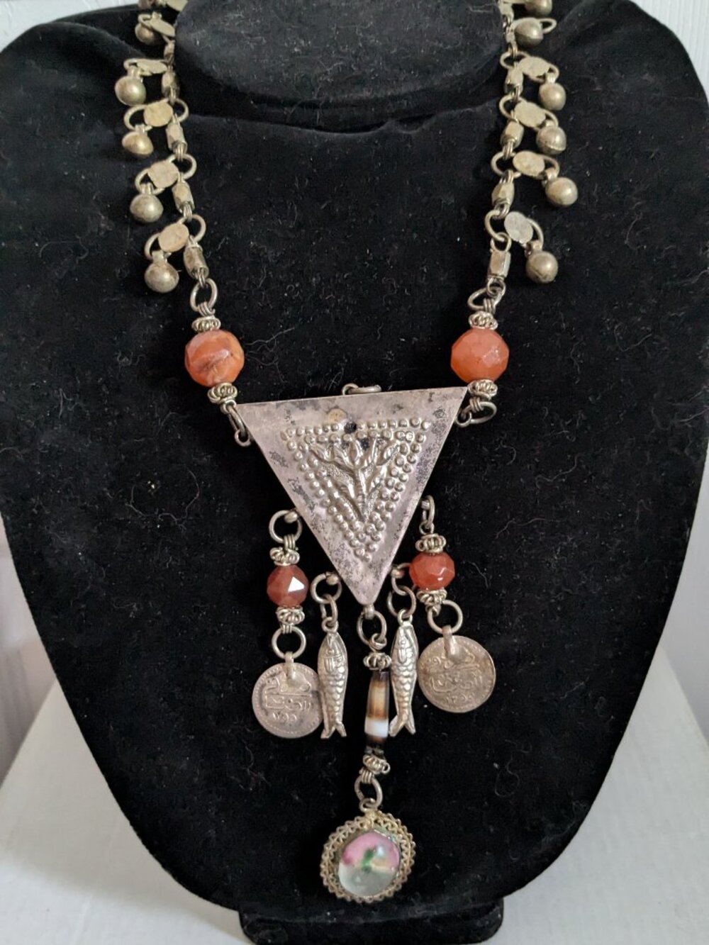Vtg. Silver Egyptian Yemeni Ethnic Zar Amulet Beaded Carnelian Coins Necklace